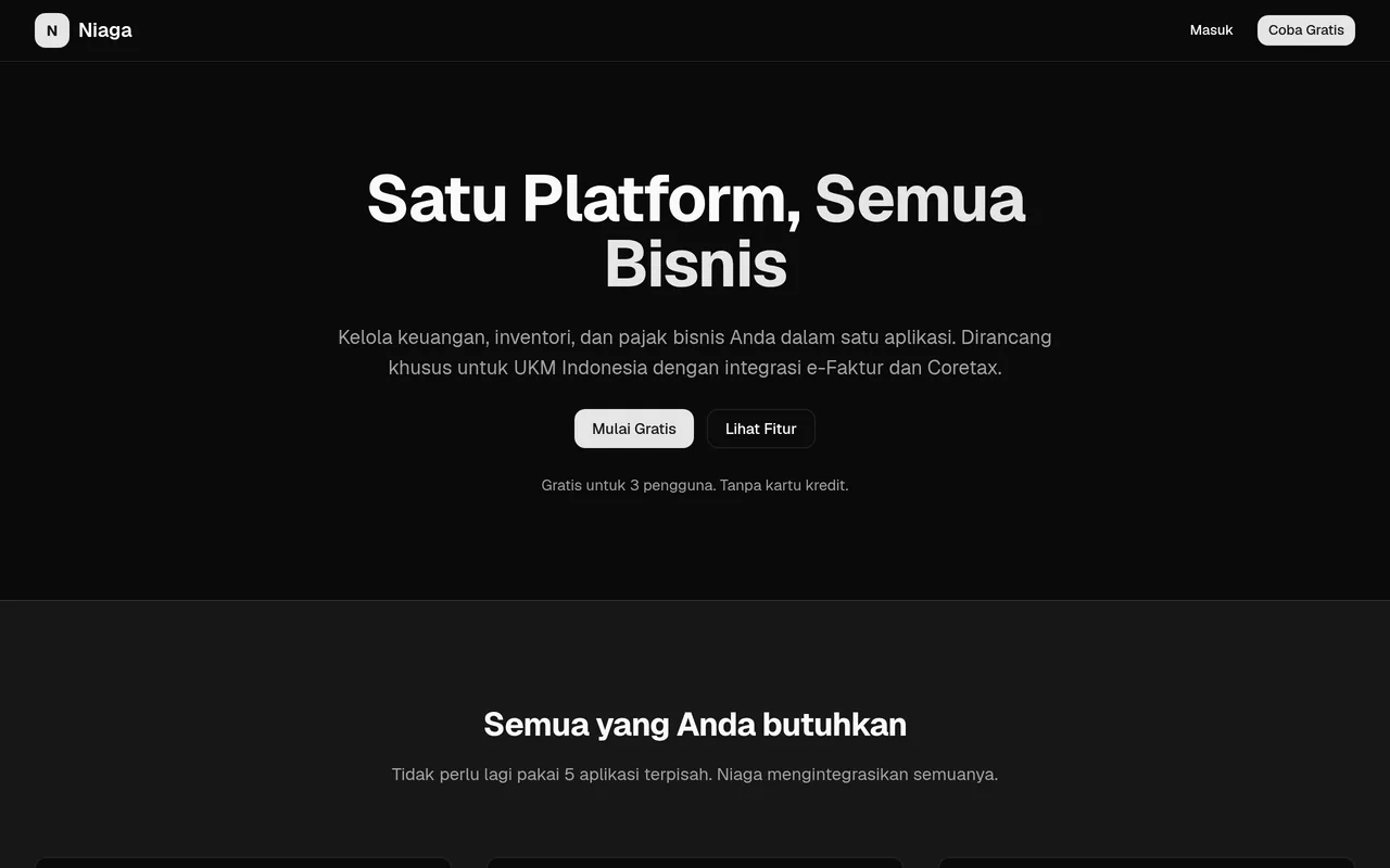 Niaga landing page in Bahasa Indonesia with the heading "Satu Platform, Semua Bisnis" for finance, inventory and tax