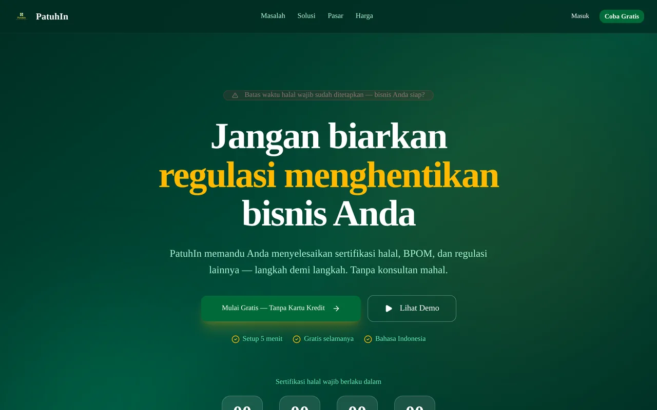 PatuhIn landing page in Bahasa Indonesia showing a countdown to the mandatory halal certification deadline