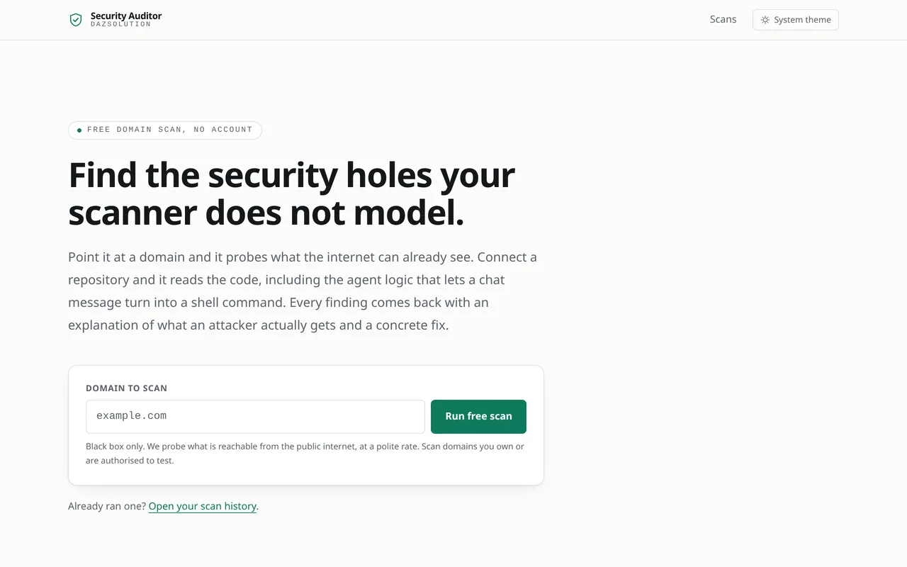 Security Auditor landing page with a free domain scan form and the heading "Find the security holes your scanner does not model"